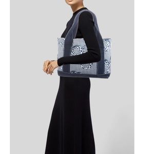 Brandon Maxwell Blue Gingham Floral Printed Canvas Tote